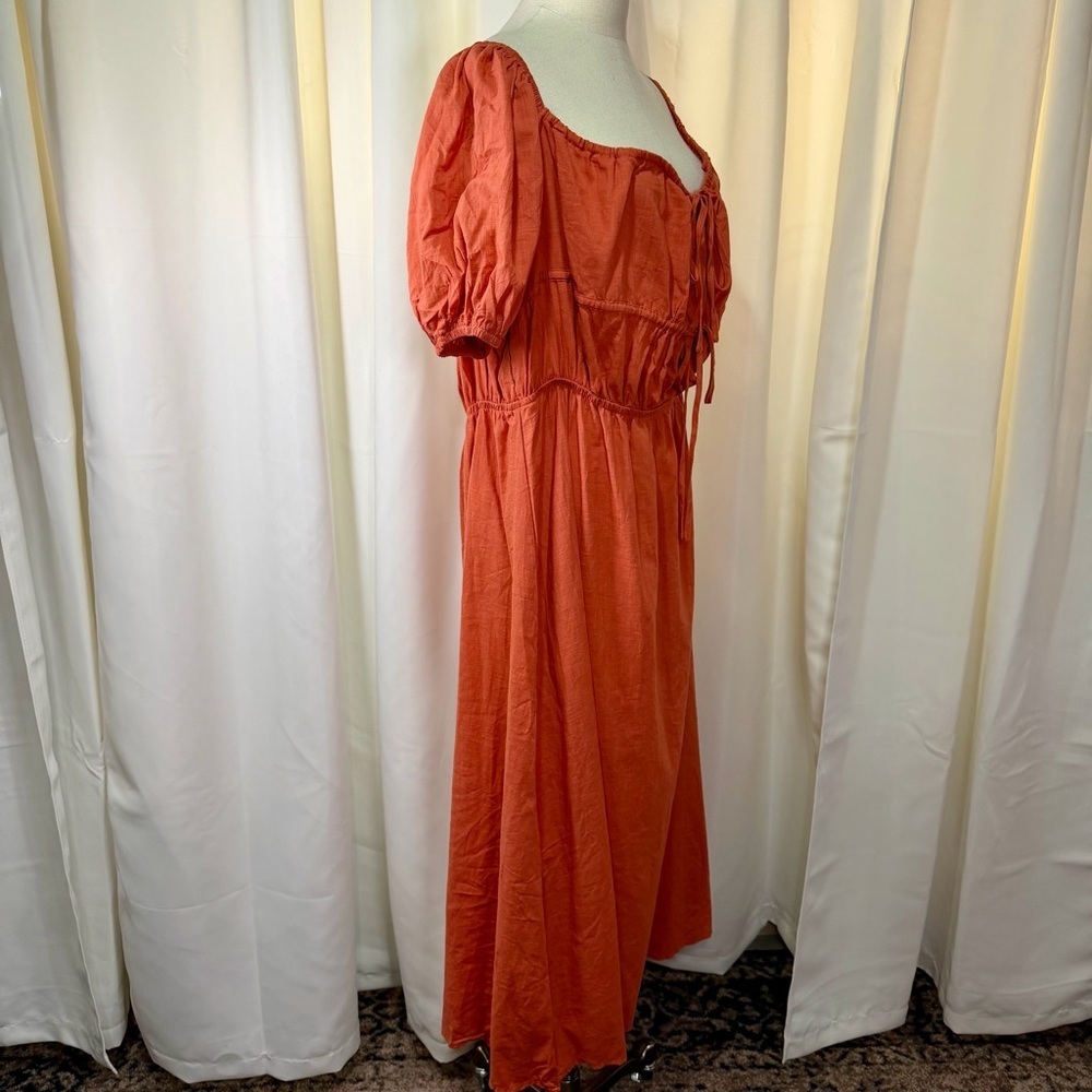 NWOT SHEIN Burnt Orange Tie-Bust Puff-Sleeve Cotton Gauze Milkmaid Dress Size 4X - Picture 12 of 16
